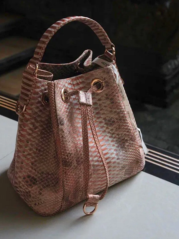 Genuine python skin peachy gold bucket crosshandle bag designer women purse | classy elegant crossbody PAULA bag | exotic leather bags |