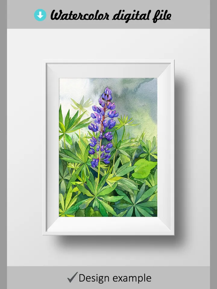 Watercolor digital print Purple Lupine Flowers, wildflowers