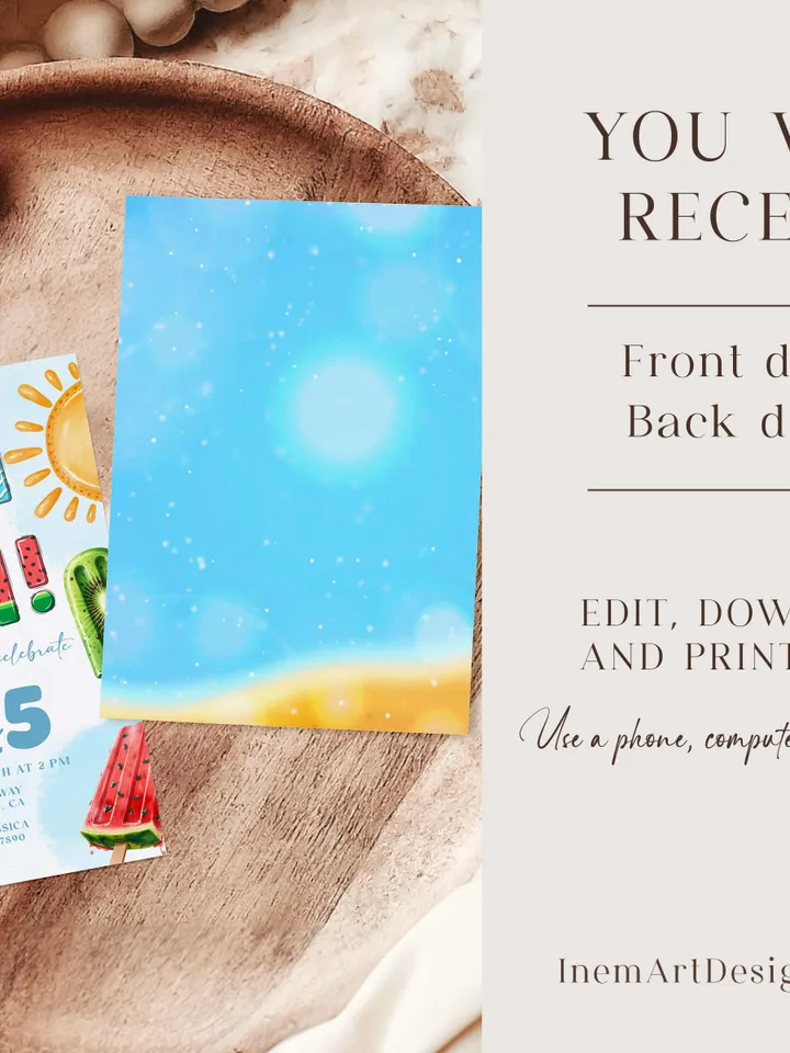 Summer Birthday Invitation, Summer Invite, Fun in the Sun Birthday Party Invitation, Ice Cream Popsicle Watermelon, Editable Template