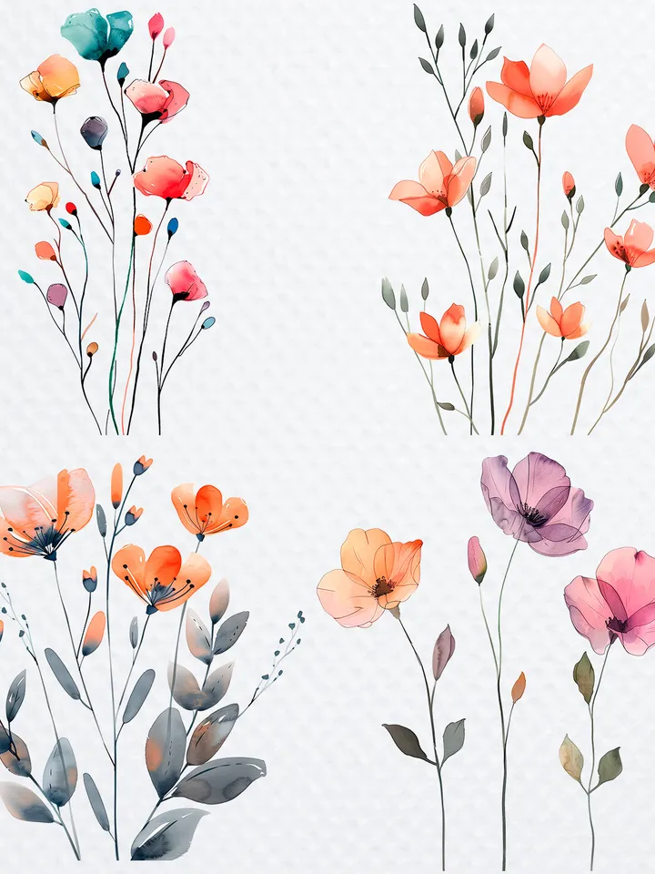 28 Minimalistic Flowers PNG Clipart, Watercolor Flowers sublimation print, Printable Wildflowers clipart, Paper craft, junk journals
