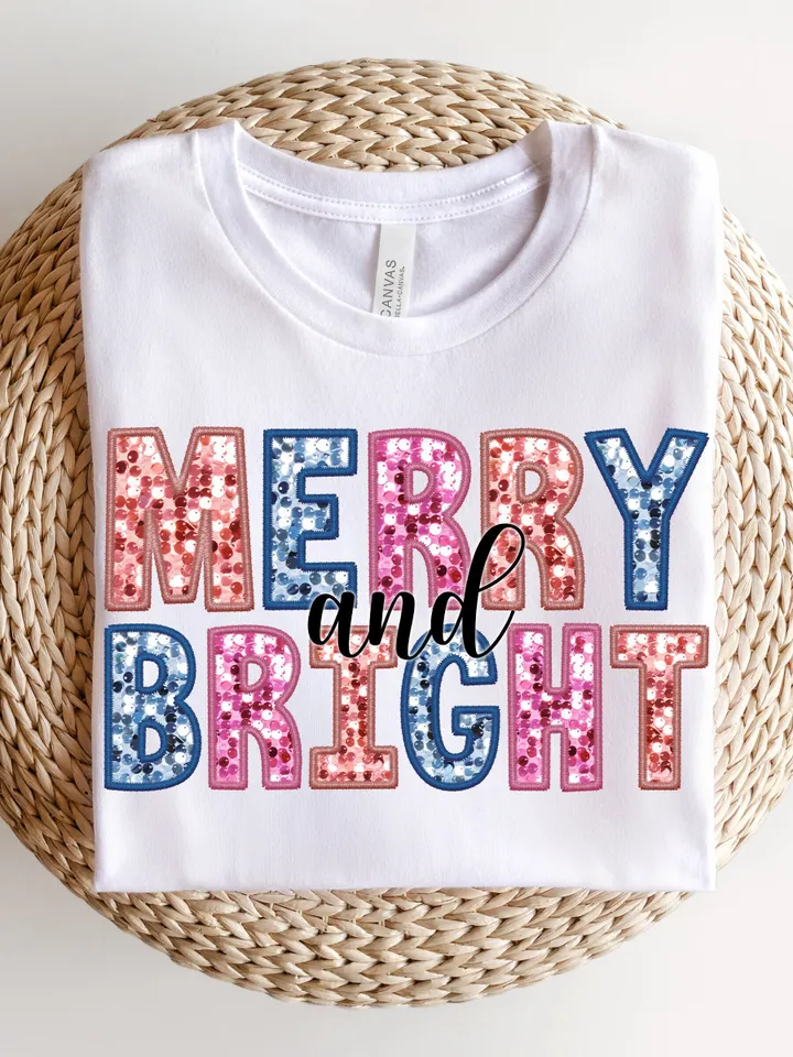GLITTER MERRY & BRIGHT Christmas png, glitter Christmas png, faux embroidery faux sequins png digital file pretty christmas faux glitter png