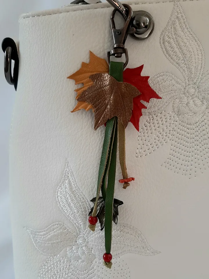 Orange maple Leaf Keychain Leather tassel charm Leather Pendant, art.3