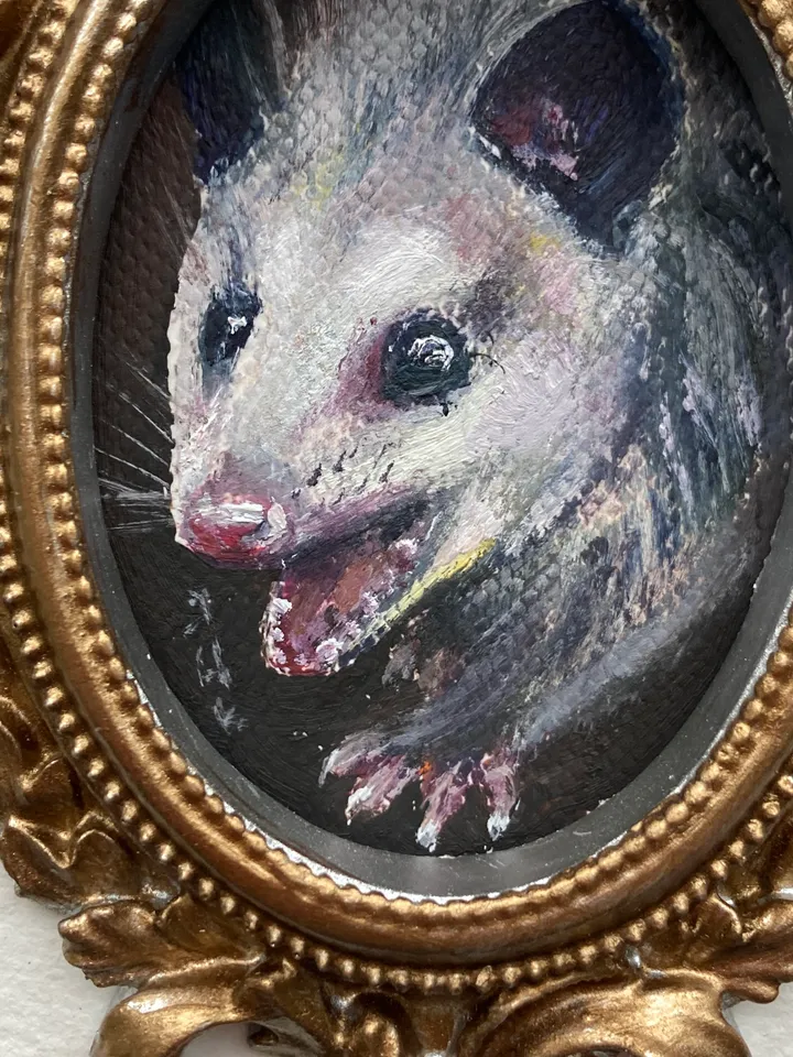 Opossum Oil Painting Original In Vintage Style Frame Small Framed Animals Wildlife Art
