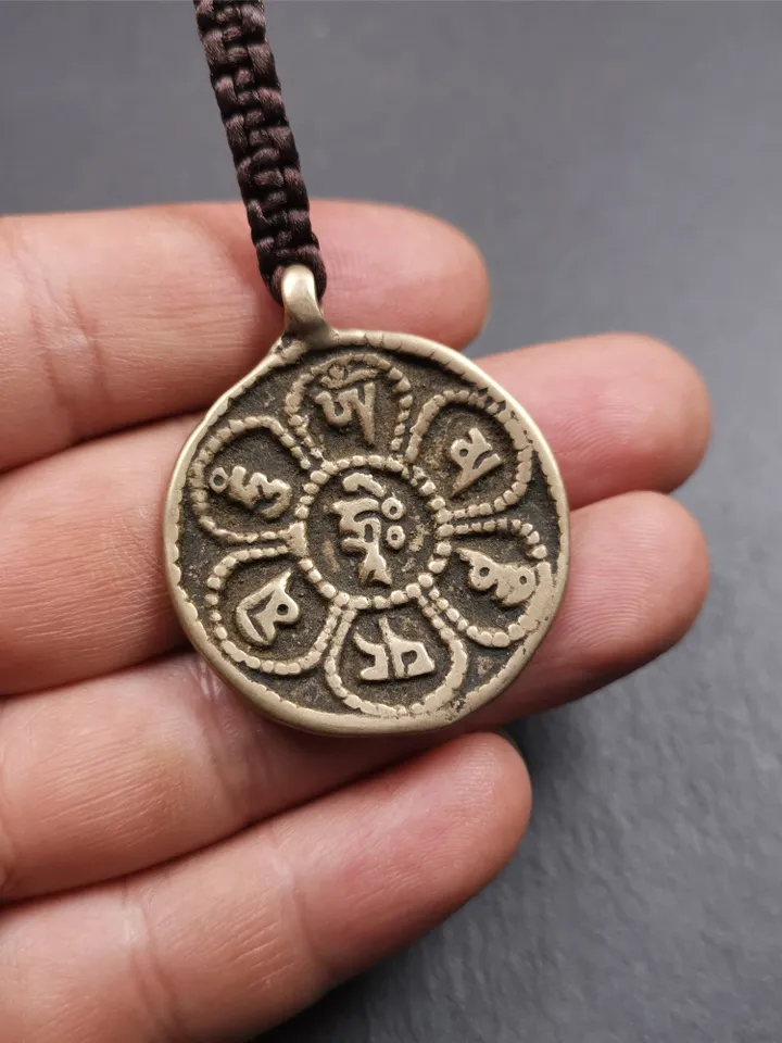 Gandhanra Handmade Tibetan Buddhist Amulet,Om Badge Pendant, Mantra of Om Mani Padme Hum, Made of Brass,1.38"