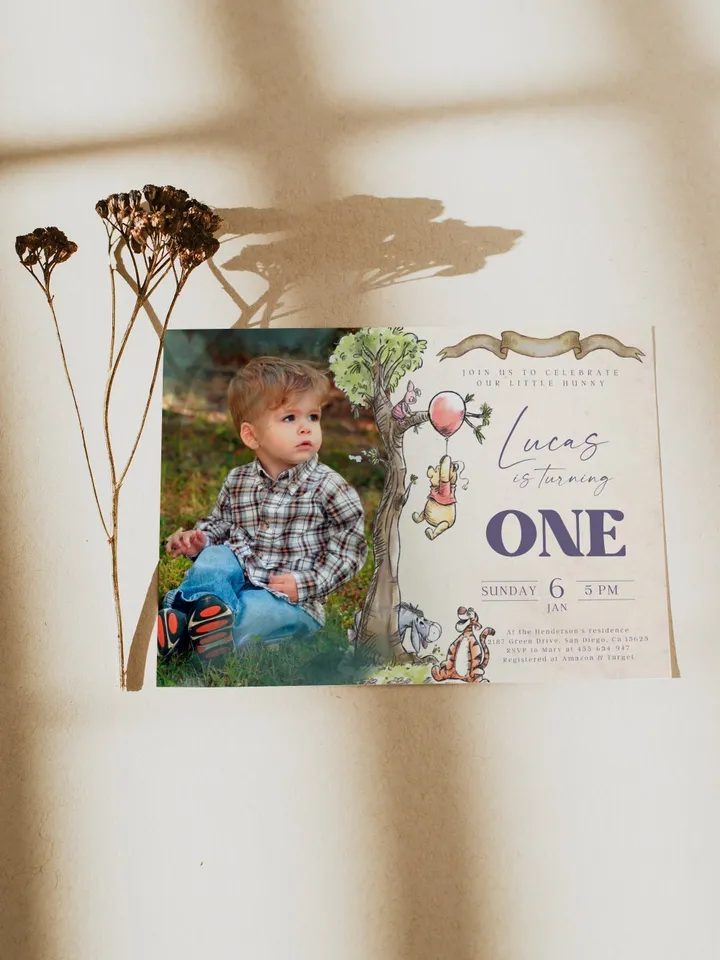 Winnie the Pooh Inspired First Birthday; Classic Winnie Pooh Invitations; Baby Boy Winnie Pooh Turning One; Winnie Pooh Birthday Party Theme