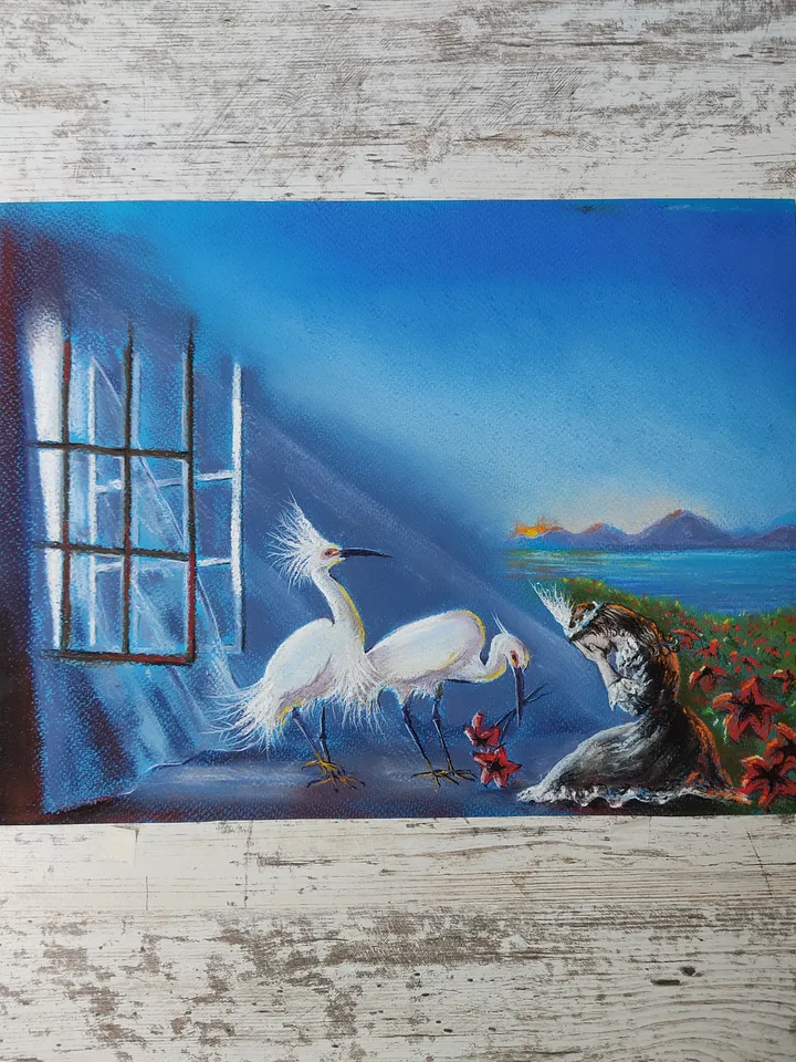 The White Heron. An illustration of a fairy tale. Original soft pastel drawing.