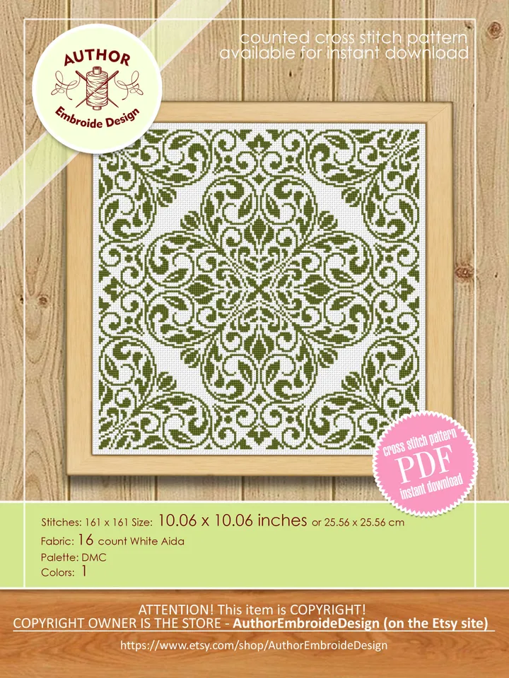 Floral mandala cross stitch pattern PDF download, Square ornament cross stitch chart, Simple mandala pattern digital PDF, Home decor #M205