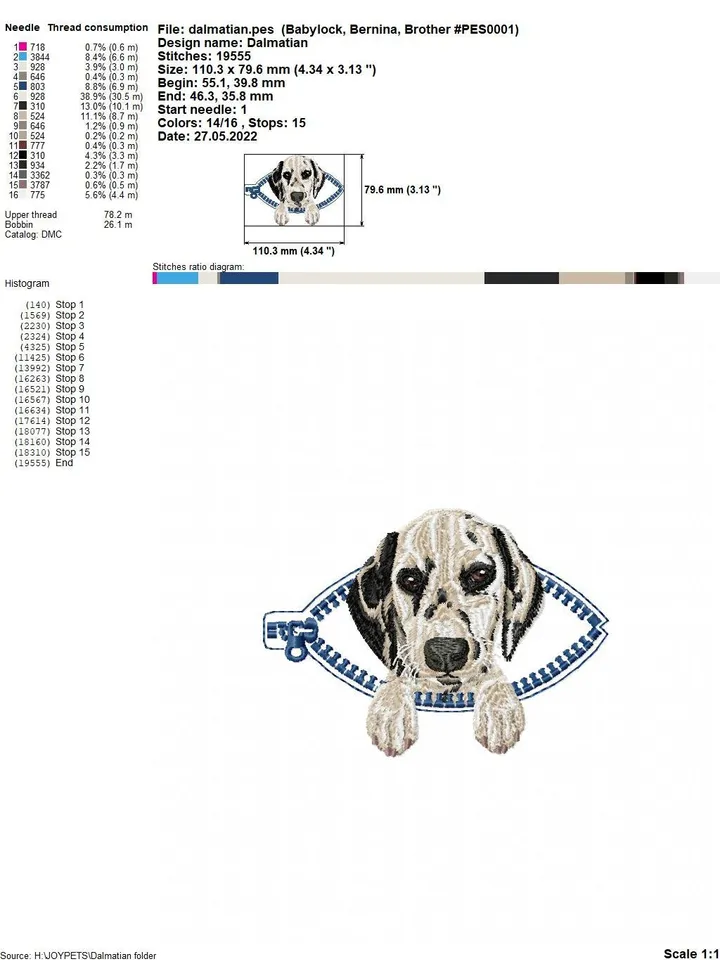 Dolmatian in a zipper pocket Miniature realistic machine embroidery design Pet dog realistic pattern puppy embroidery motif