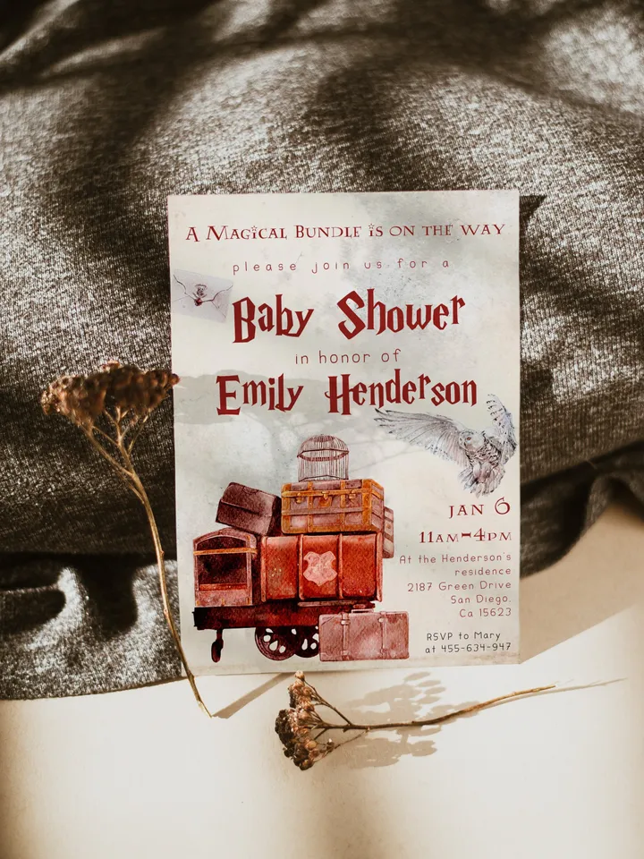 Wizard Baby Shower Invitation; Magic School Baby Schower Invite template; A Magical Bundle on the Way; Magic School Invite editable canva