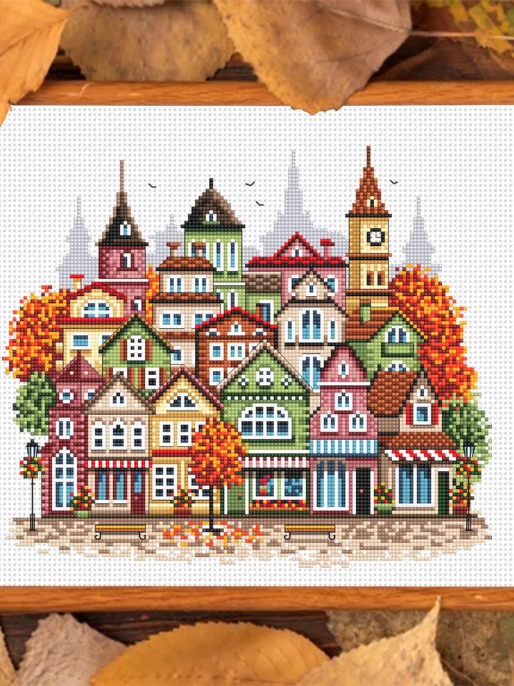 Fall houses cross stitch pattern PDF download Autumn cross stitch chart, Autumn city pattern digital PDF, Urban landscape, Home decor #E18
