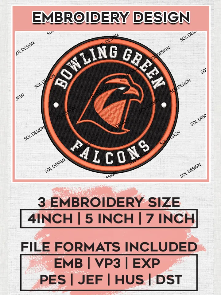 NCAA Bowling Green Falcons Round Logo Embroidery, NCAA Bowling Green Team Logo Embroidery files, NCAA Teams, Machine embroidery designs, Digital Download