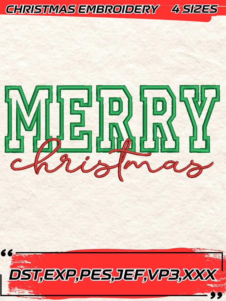 Merry Christmas Embroidery Design,Christmas Embroidery Design,4 Sizes, Digital Download