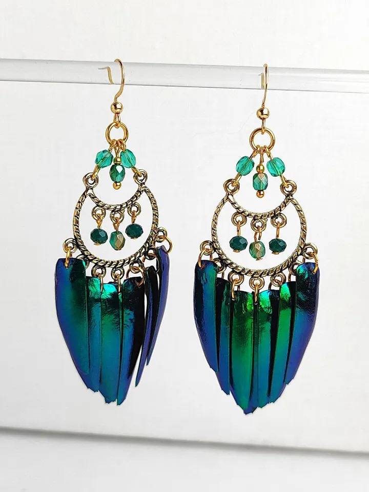 Long Green Earrings in the Form of Beetle Wings Elytra Precious Beetle Beetle Jewelry