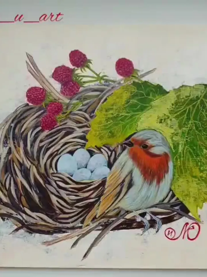 Robin Painting Birds Nest Original Art Bird Wall Art Animal Acrylic Painting