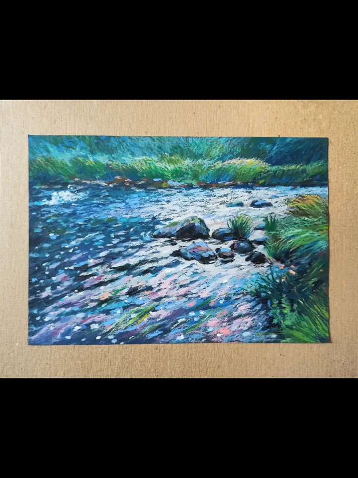 Summer landscape with a forest river, Fast river, Original oil pastel drawing on A4 kraft paper