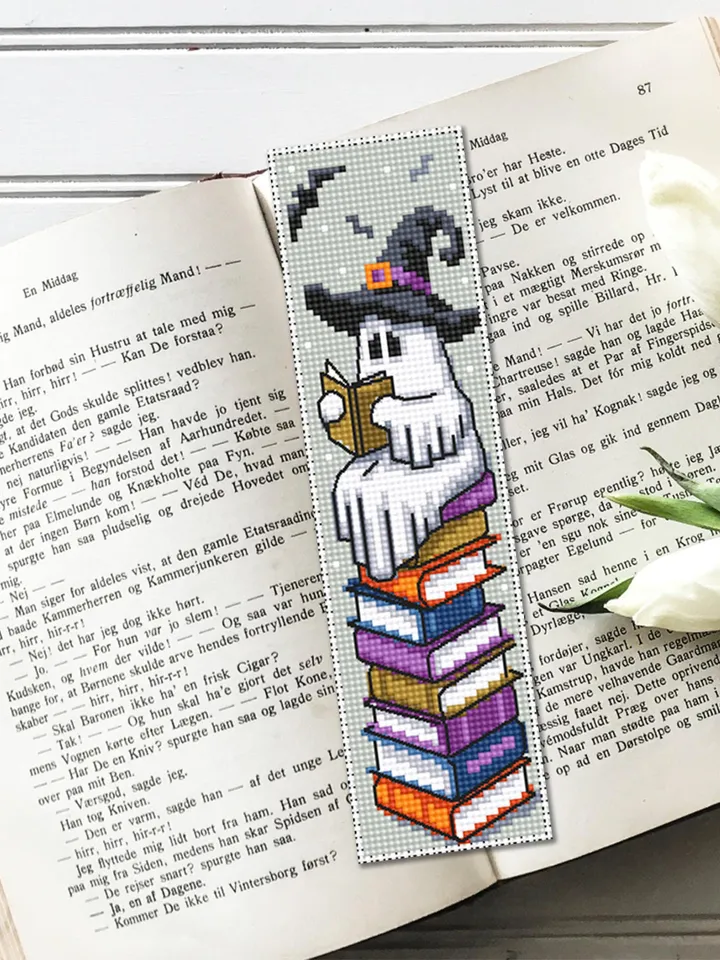 Witch ghost bookmark cross stitch pattern PDF download Reading ghost cross stitch chart, Cute Halloween bookmark pattern digital PDF #B365