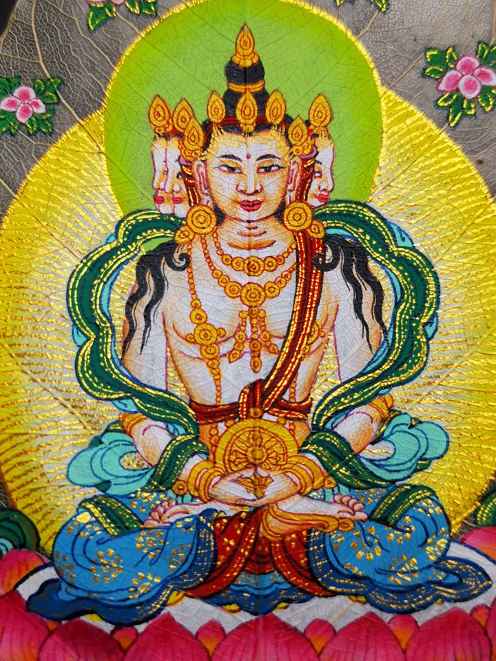 Gandhanra Handpainted Bodhi Leaf Thangka,Packed in Wooden Picture Frame,Painted with Natural Mineral Pigments,Vairocana Thangka