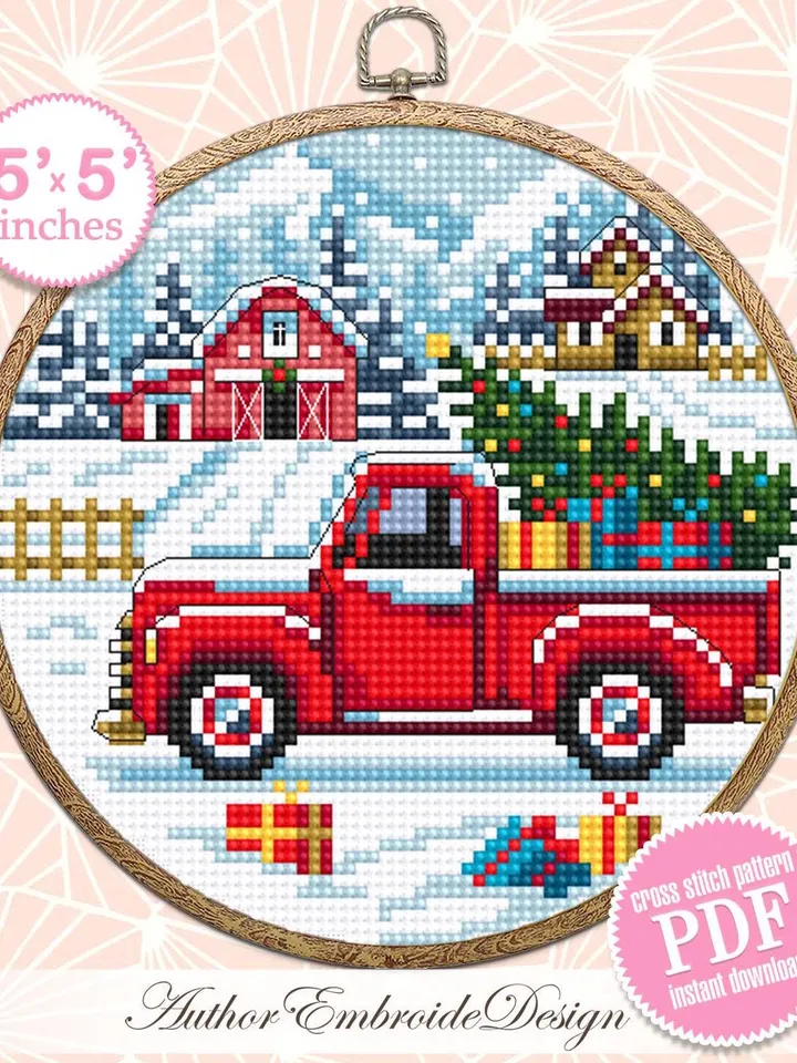 Red truck christmas cross stitch pattern PDF download Winter landscape cross stitch, Christmas pattern digital PDF Christmas farm barn #N177