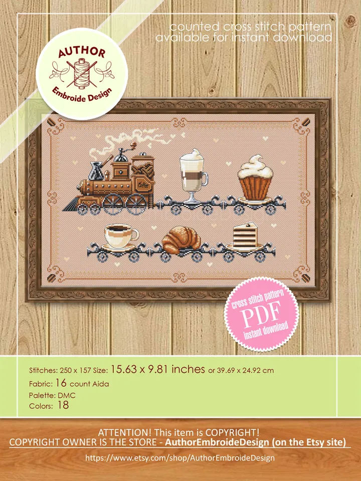 Vintage Coffee Train cross stitch pattern PDF download Coffee cross stitch chart, Coffee lovers home decor, Train pattern digital PDF #F17
