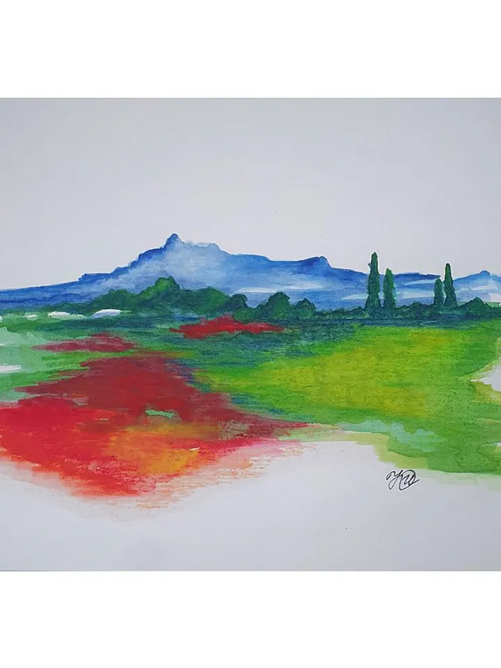 Tuscany Painting Original Art Landscape Wall Art Red Poppy Artwork Watercolor