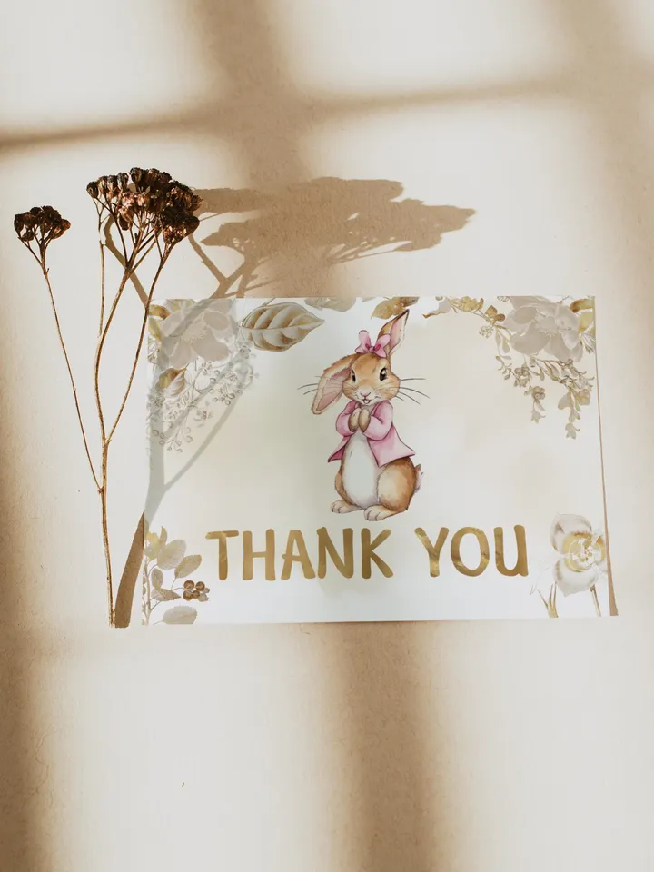 Editable and Printable thank you card template for 1st Baby Birthday party in Peter Rabbit style instant download and unlimited access pr777