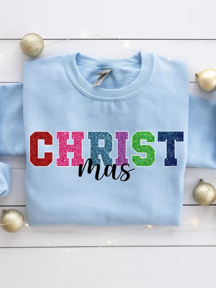 Christ PNG Christmas Sweatshirt Sublimation Design Faux Glitter Sequin PNG Embroidery Letters PNG Sparkly Christmas png