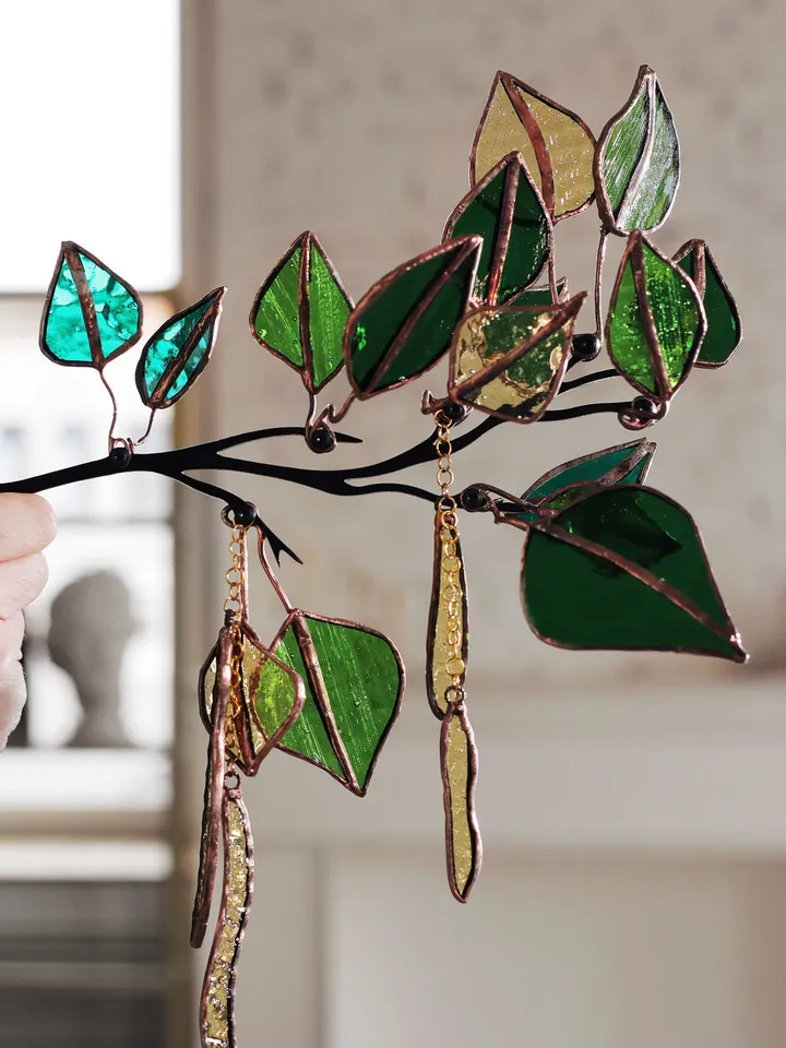 Birch Twig with Hanging Catkins, Birch Twig with Hanging Catkins, Stained Glass Birch Branch, Birch Branch with Drooping Catkins, Artistic Birch Twig Sculpture, Tiffany Glass Birch Decor