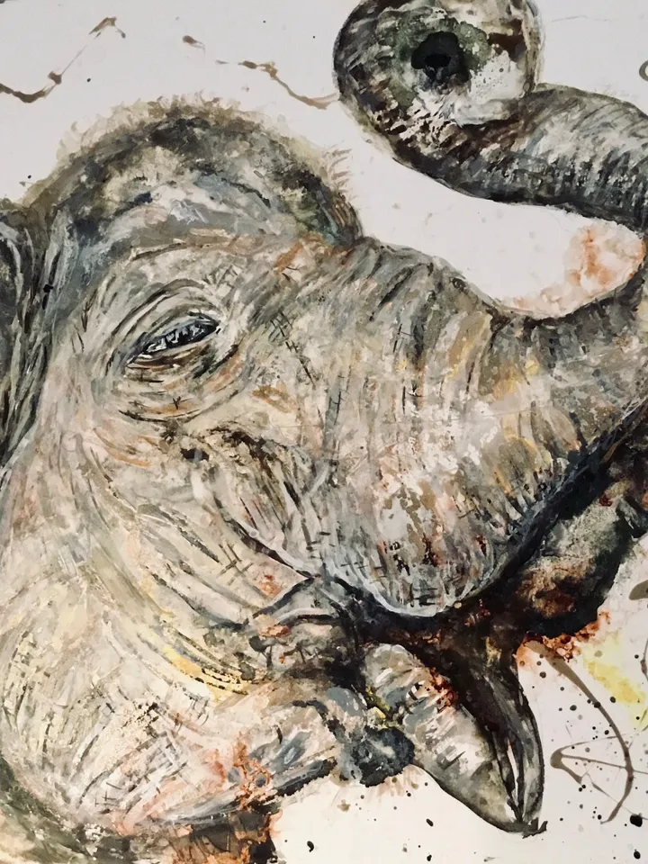 White Elephant original mix media watercolour painting on yupo paper,one of a kind artwork,wall decoration,animals painting.