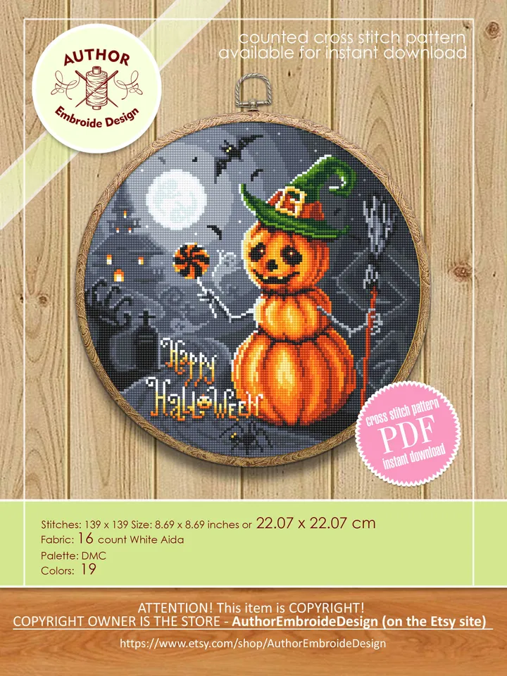 Happy Halloween cross stitch pattern download PDF Snowman pumpkin cross stitch chart, Spooky Halloween embroidery PDF, Gothic decor #H44