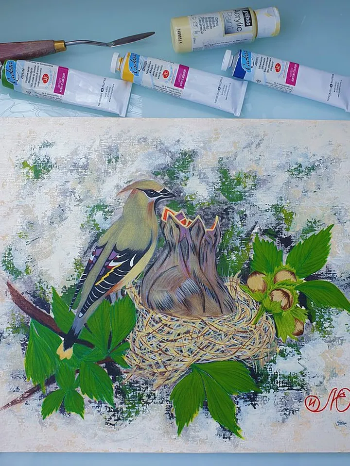 Waxwing Painting Bird Original Art Bird Nest Wall Art Animal Acrylic Painting