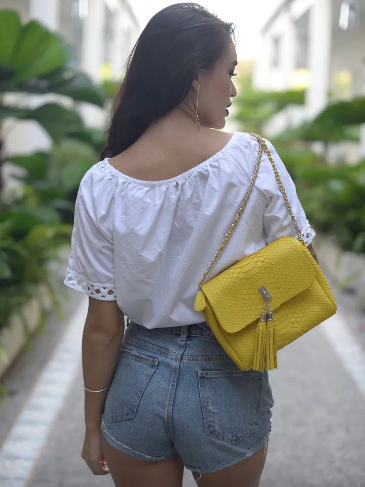 Genuine Python Skin Crossbody Bag | Chain Tassel yellow chain bag | Leather Woman Free Shipping Handmade Summer purse | exotic leather bag
