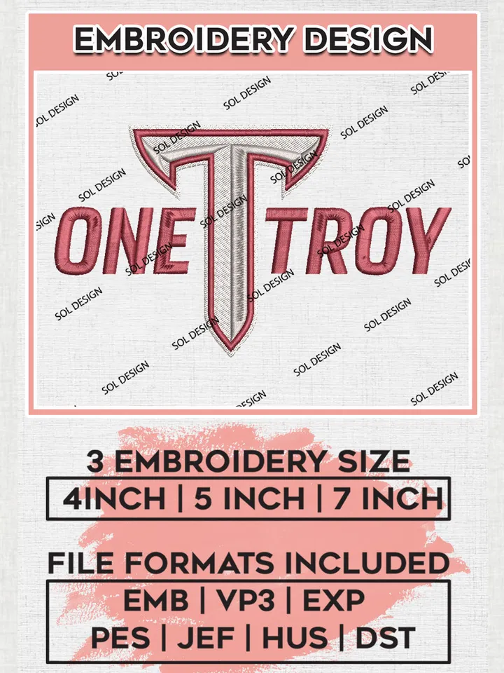 NCAA One Troy Team Logo Embroidery Design Files, NCAA Troy Trojans Machine Embroidery, NCAA Teams, Game Day, 3 sizes, NCAA Machine embroidery designs, Digital Download