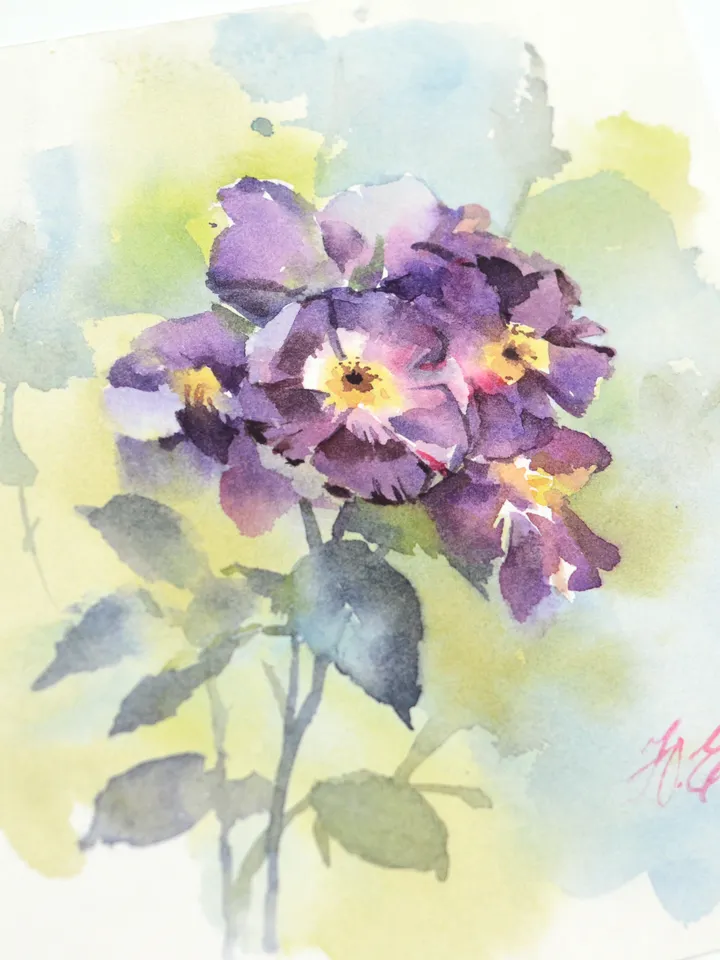 Violet roses painting / Original watercolor small art