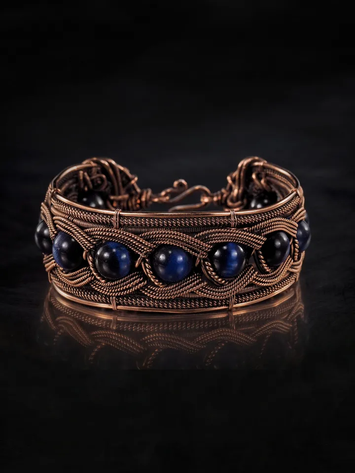 Copper wire bracelet with natural falcon eye, 7th Wedding Anniversary gift