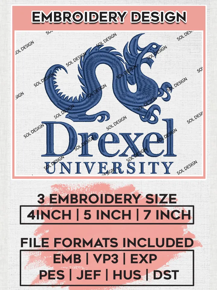NCAA Drexel Uni.versity Football Team Logo Embroidery Design Files, NCAA Drexel Dragons Machine Embroidery, NCAA Teams, Game Day, 3 sizes, NCAA Machine embroidery designs, Digital Download