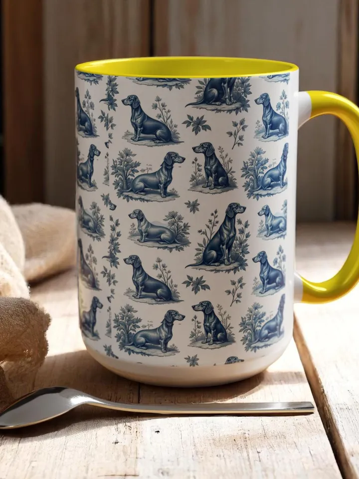 Dachshund French Toile de Jouy Ceramic Mug, Toile Coffee Cup for Doxie Mom, Sausage Dog Lover Gifts, Dog Tea Drinkware, Gift For Dog Lovers