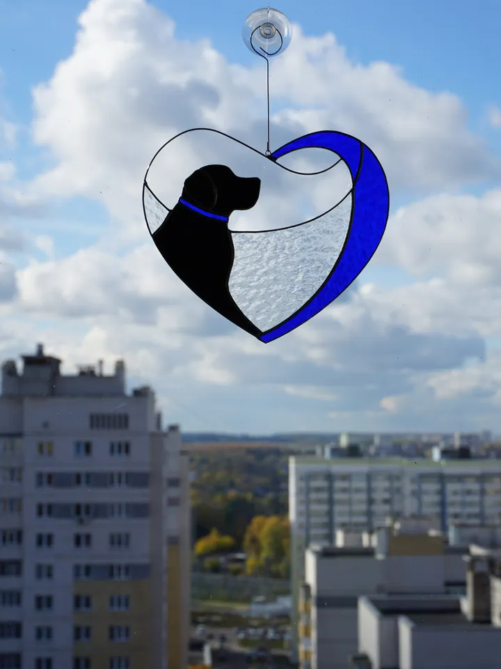 Dog Black Retriever Labrador in Blue Heart . Art Stained glass window hanging Suncatcher . Gift for animal lover , pet loss memorial