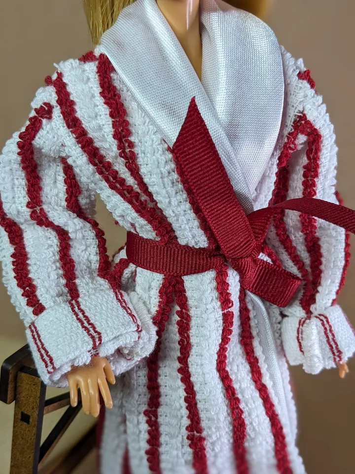Handmade white & hot red terry bathrobe for 1/6 scale fashion female dolls