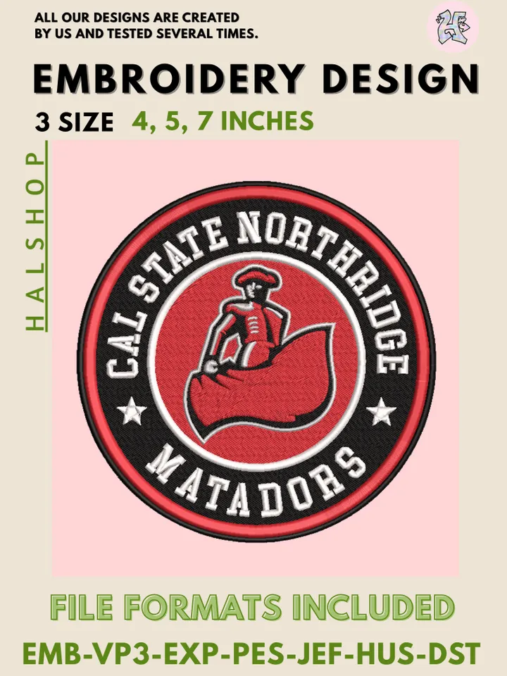 NCAA Cal State Northridge Matadors Logo Embroidery Design, College Team Machine Embroidery Files, Digital Download