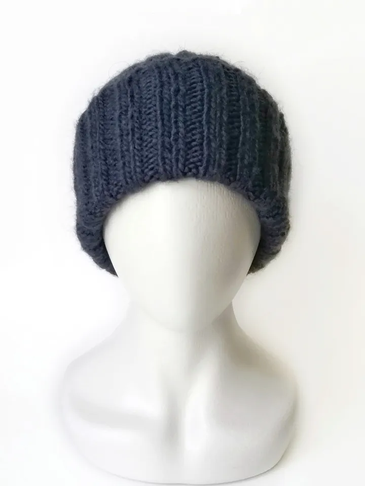 Exquisite Handmade Dark Blue Men's Warm Winter Beanie - Cozy Alpaca-Merino Wool Blend Knit Hat with Ribbed Texture. FREE SHIPPING!