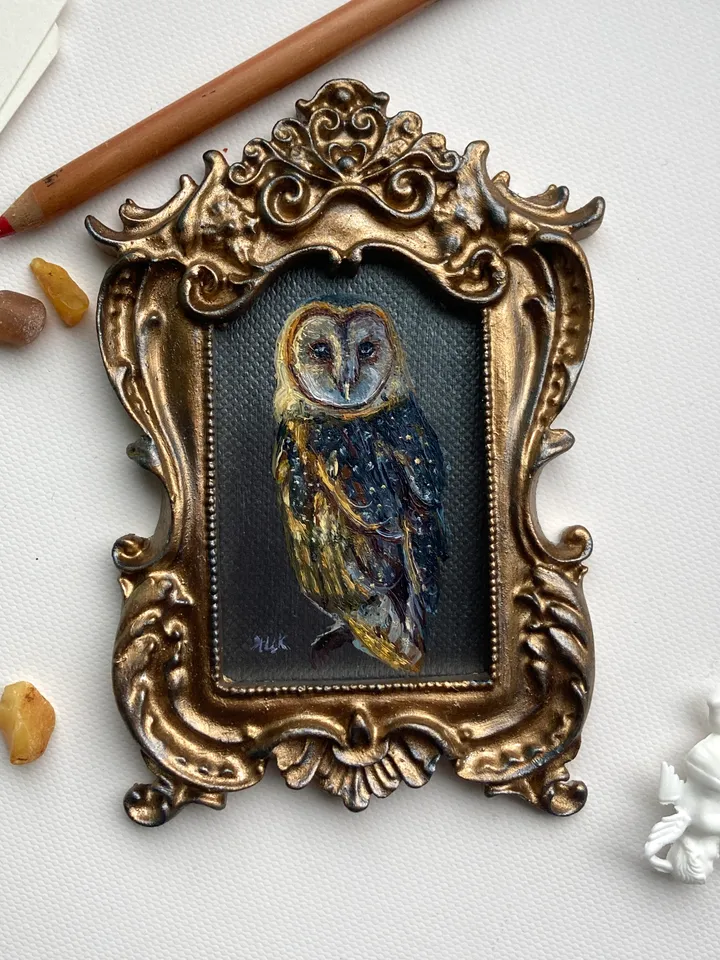 Owl Oil Painting Original In Vintage Style Frame Small Framed Bird Art Barn Owl