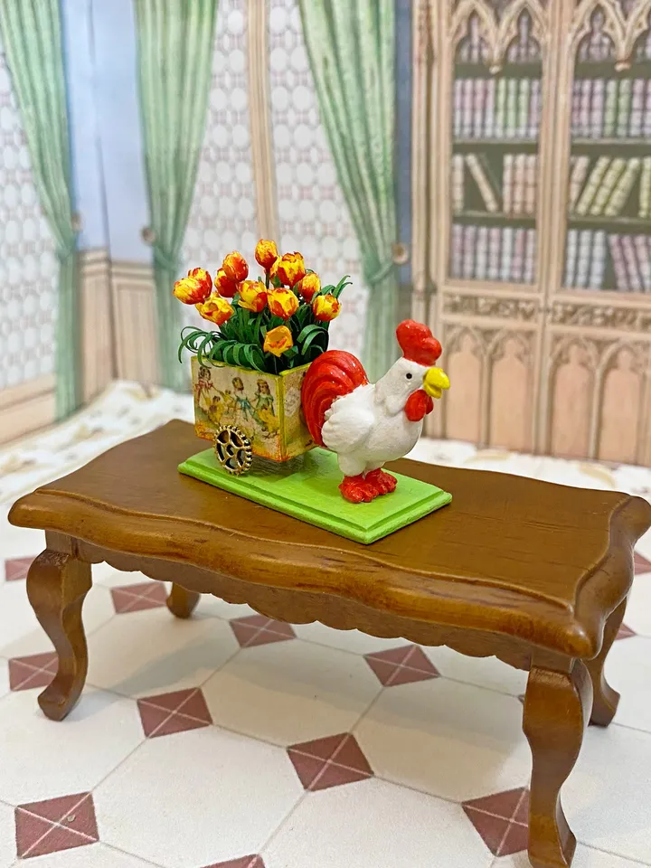 Easter miniature. Cockerel with a cart of tulips. 1:12.