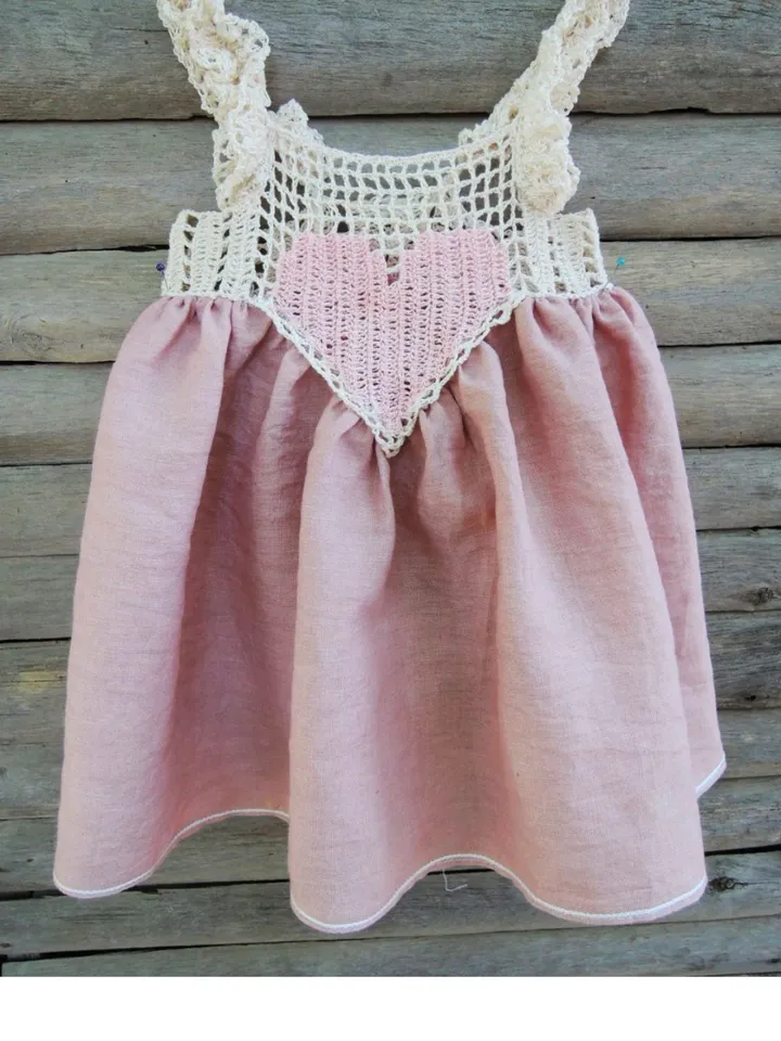 Pinc organic baby  Heart dress, cotton baby dress, Toddler cotton pink dress, girl pink dress, party baby linen dress, preemie