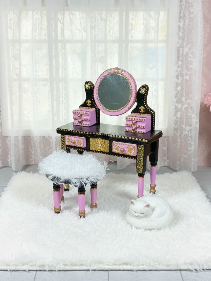 Dollhouse vanity table. 1:12 scale. Handcrafted. Miniature dollhouse.