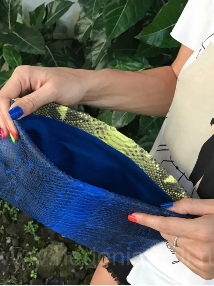 Genuine python skin blue and yellow colorblock handmade clutch, classy elegant leather envelope bag, purse free shipping, flat snake clutch