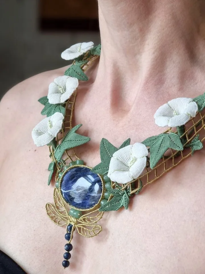 Art Nouveau Necklace with Flowers, Sodalite, and Dragonfly
