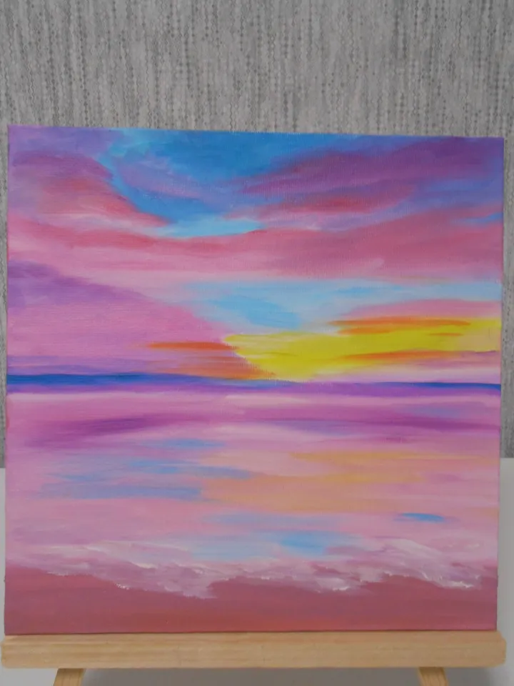 A pink sea sunset. Oil painting.