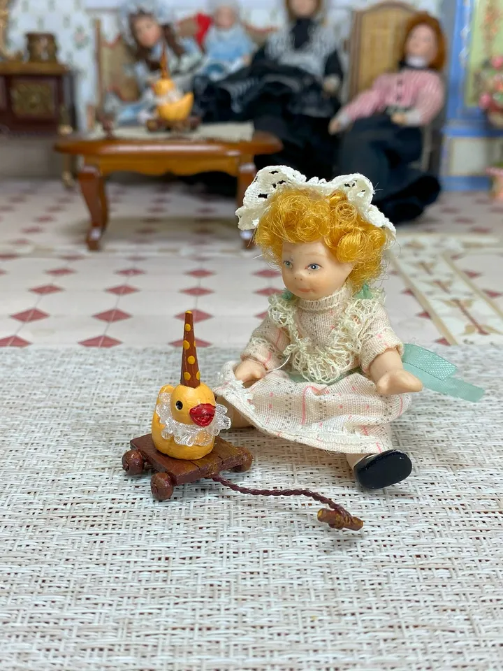 Mini duck on a cart. Vintage toy for a doll. 1:12. Dollhouse miniature. Handmade.