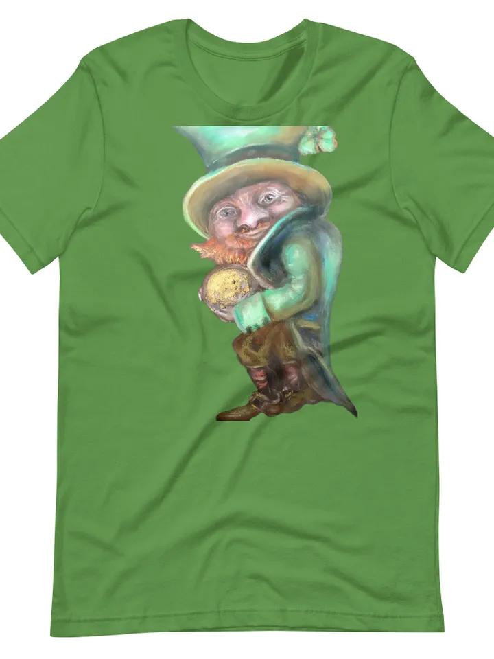 Unisex good luck leprechaun with golden coin t-shirt made from my original pastel painting,designer t shirts,unique handmade wearable gifts.