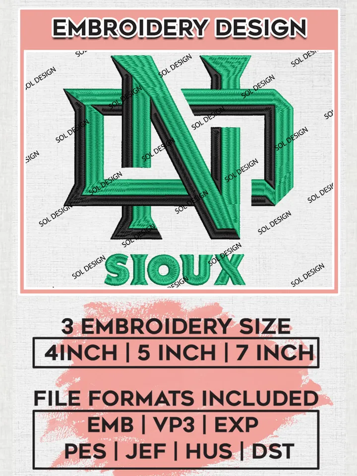 ND Sioux Football Team Logo Embroidery Design Files, NCAA North Dakota Fighting Hawks Machine Embroidery, NCAA Teams, Game Day, 3 sizes, NCAA Machine embroidery designs, Digital Download